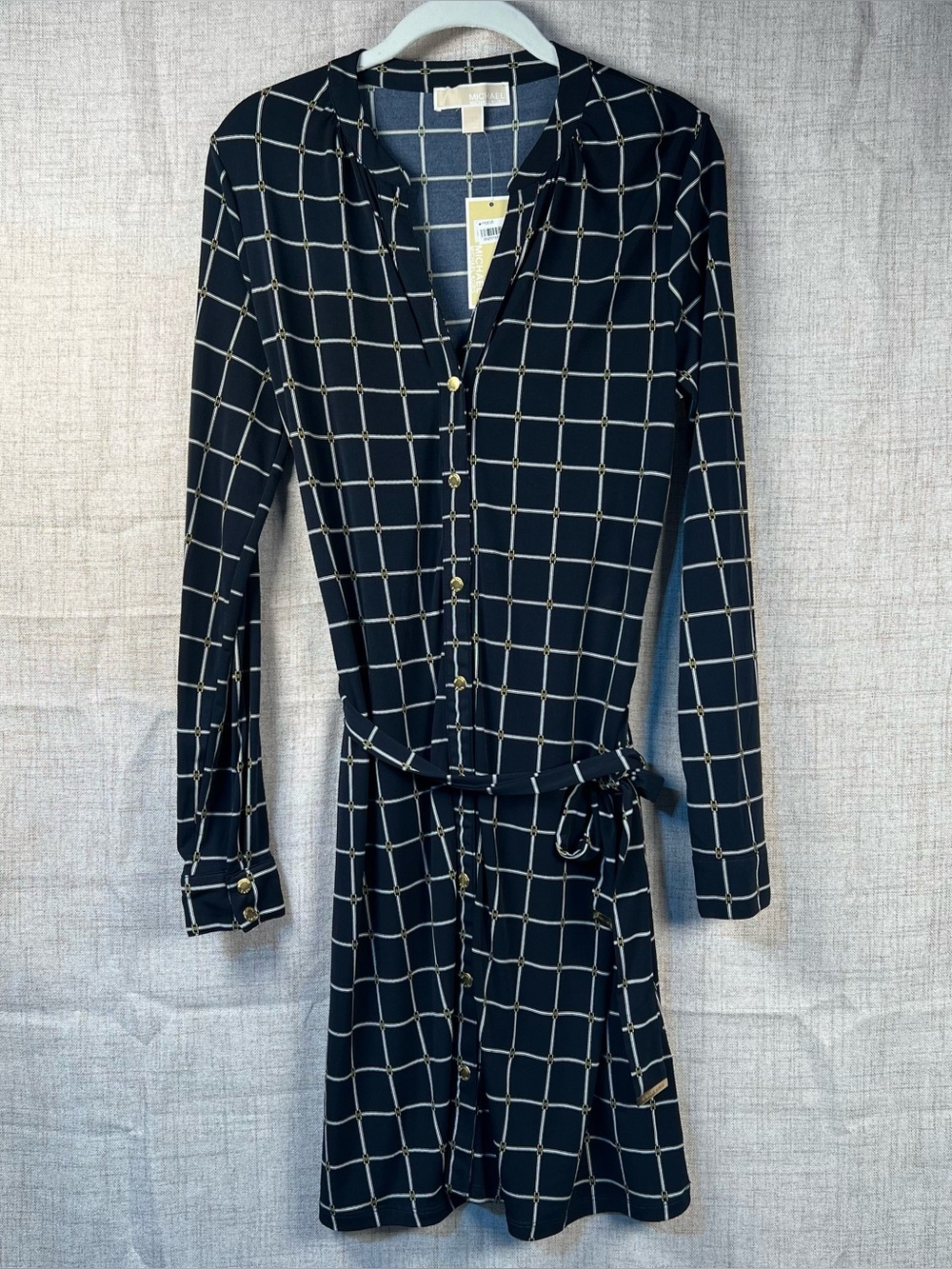Michael Kors Dress Button Front Navy Blue Stretchy Long Sleeves Checks NWT Med